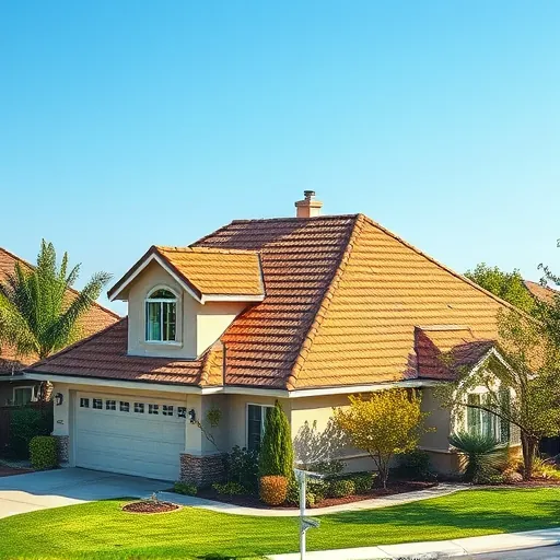 Newly replaced roof on suburban home in Hughson CA with detailed shingles, lush landscaping, and clear blue sky.