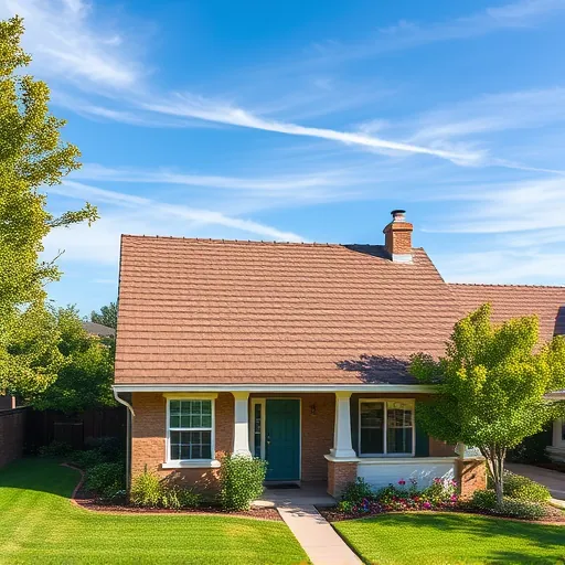 Recently completed new asphalt shingle roof on a suburban home in Empire CA with lush landscaping and clear blue sky