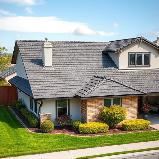 Freshly completed modern roof with detailed shingles in Waterford CA, with lush yard and clear blue sky.