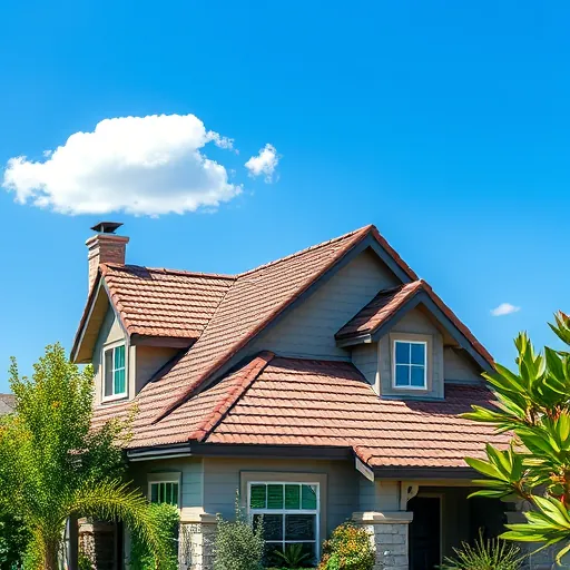 Completed roofing project in Waterford CA with vibrant shingles, clear sky, lush greenery, and elegant landscaping.