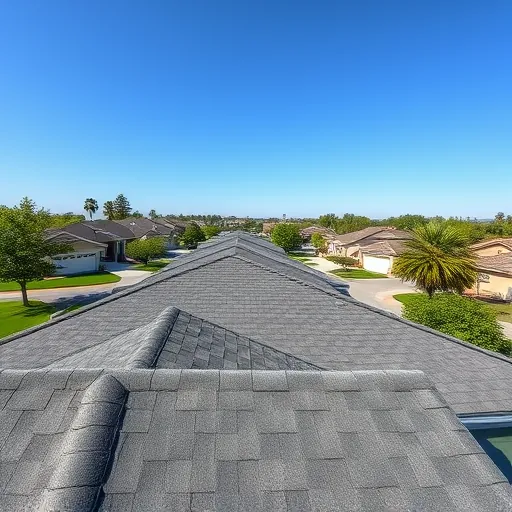 Freshly completed asphalt shingle roof on modern home in Tracy CA with lush neighborhood background