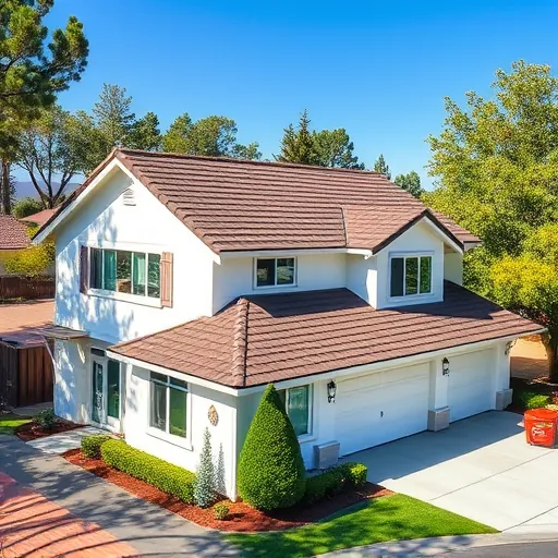 Freshly replaced residential roof in Roberts Ferry CA with textured asphalt shingles in earthy browns and grays.