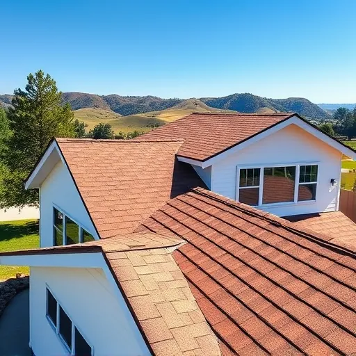 Close-up of a newly installed earthy-toned shingle roof on a well-maintained house in Knights Ferry CA with lush greenery.