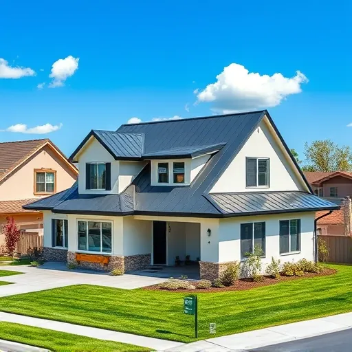 Modern home in Valley Home CA with sleek dark grey metal roof, vibrant lawn, clear sky, and surrounding homes.