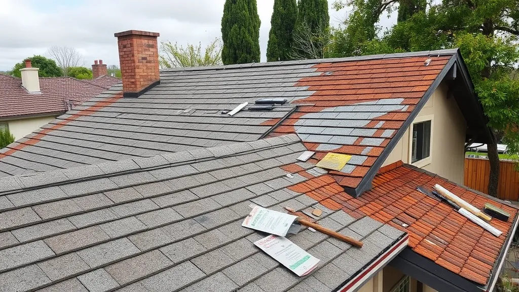 Storm damage roof repair project in Modesto, CA with workers fixing shingles and assessing roof condition.