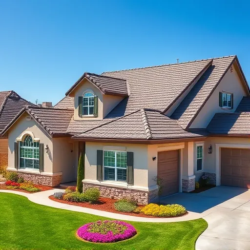 Completed roofing project in Oakdale CA features gleaming shingles, vibrant landscaping, and clear blue sky backdrop.