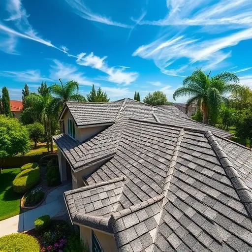 Completed asphalt shingle roofing project in Livingston CA with detailed texture, surrounded by lush landscaping and blue sky.