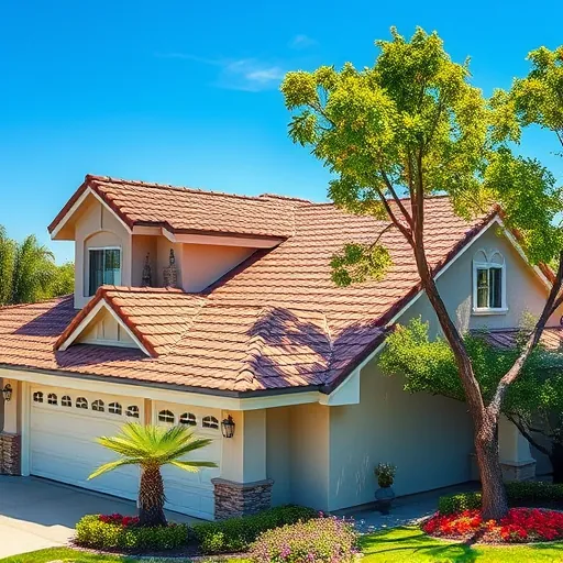 Completed roofing project in Empire, CA showcasing vibrant architectural shingles on a traditional home under clear skies.