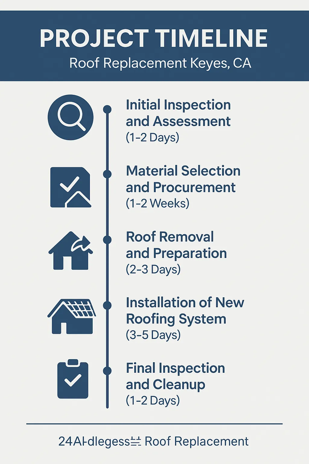 Infographic depicting a five-step timeline for roof replacement in Keyes, CA with clear visuals and minimal text.