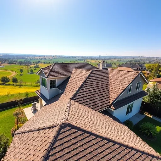 Newly replaced asphalt shingle roof on modern Livingston home with lush lawns rolling hills and farmland background