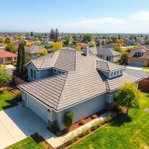 Newly replaced house roof with high-quality shingles in Patterson CA, surrounded by lush landscaping and suburban neighborhood