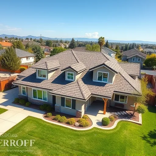 Completed asphalt shingle roof on a modern home in Bret Harte CA with detailed textures and craftsmanship
