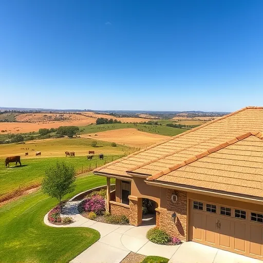 New roof in Denair CA features textured shingles in warm tones, lush lawn, and serene rural landscape under clear skies.