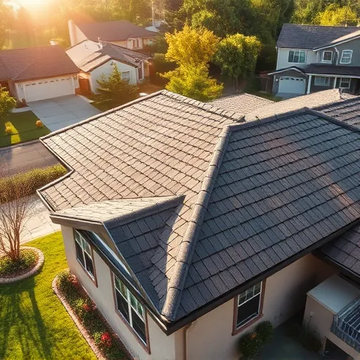 Completed roofing project in Bystrom CA showcasing dark shingles and metal accents in a serene suburban setting.