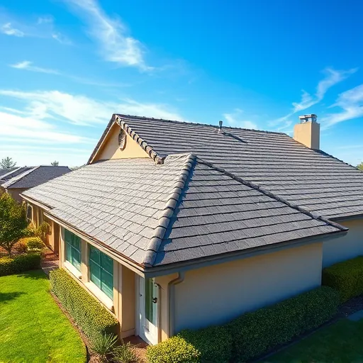 Fresh roof replacement in Stockton CA, showcasing durable asphalt shingles, clear sky, and lush lawn enhancing craftsmanship.