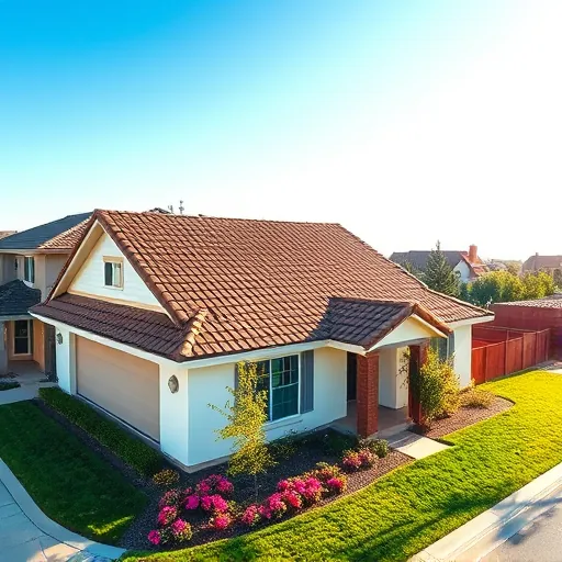 New composite shingle roof on a modern Bystrom CA home with lush landscaping and clear blue sky