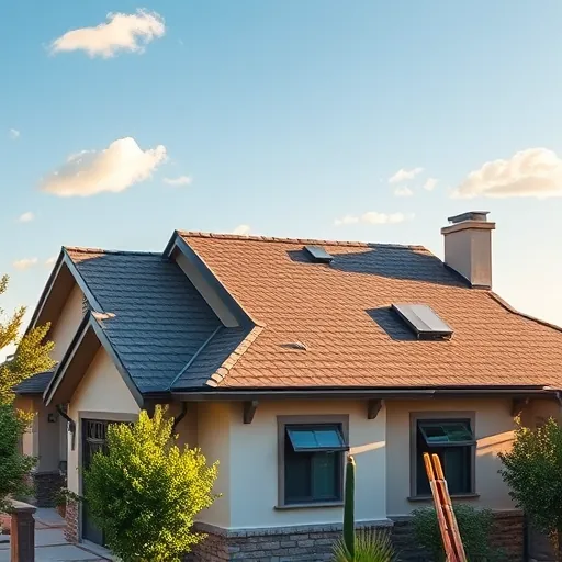 Completed roofing project in Empire CA showcasing sleek design, quality shingles, and lush landscaping under blue sky.