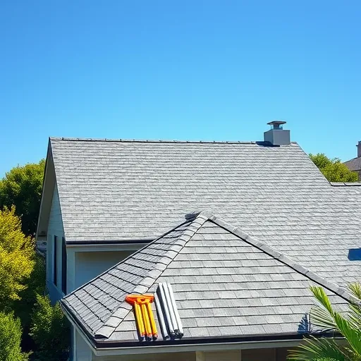 Completed roofing project in Shackelford CA with sleek grey shingles, lush landscaping, and bright blue sky.
