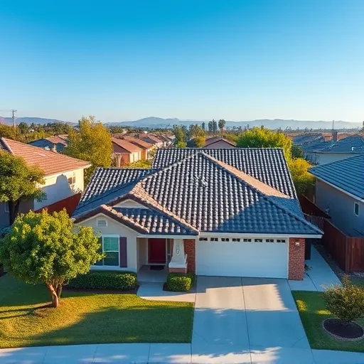 Freshly completed roof with detailed shingles in Waterford CA surrounded by lush trees and a clean suburban setting