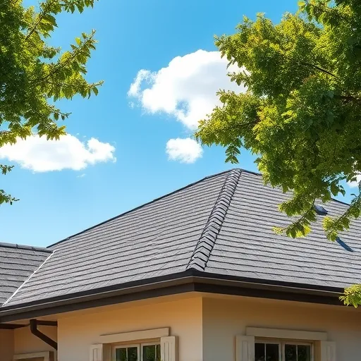 Completed roofing project in Ballico, CA featuring a sleek deep gray shingle roof on a beige contemporary home.