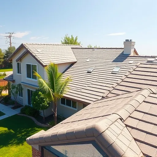Freshly replaced modern home roof in Turlock CA with sleek shingles, landscaped yard and bright clear sky
