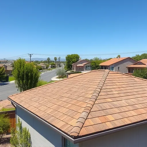 New asphalt shingle roof on modern home in Ceres California with lush greenery and sunny sky