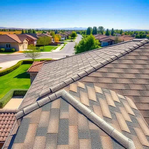 Newly completed asphalt shingle roof in Escalon CA with detailed textures and clean lines in a sunny suburban setting