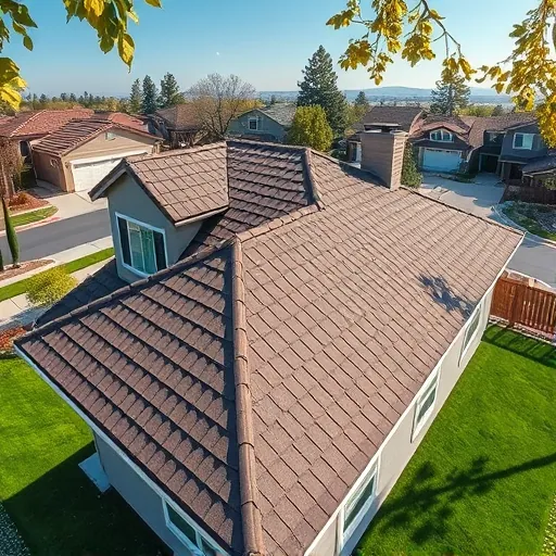 Freshly replaced asphalt shingle roof on modern home in Hughson CA with crisp edges, lush shingles, and manicured lawn