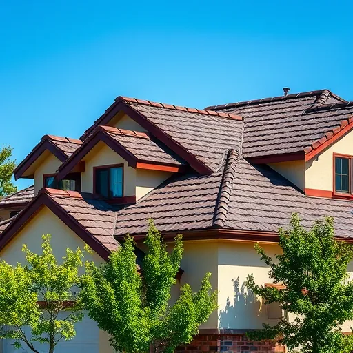 Completed roofing installation in Escalon CA showcasing intricate design with dark shingles and vibrant accents.