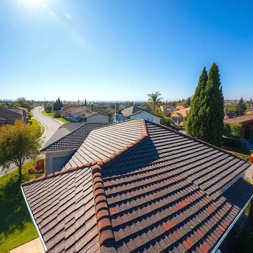 Completed roofing project in Livingston CA with vibrant shingles, clear blue sky, and lush green lawns. Suburban landscape.