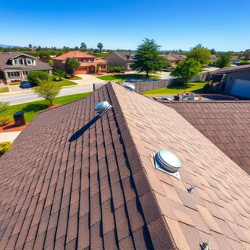 Completed roof replacement in Shackelford CA with detailed shingles, metal flashing, vents, landscaped background, sunny sky
