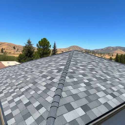 Completed roofing in Roberts Ferry, CA features gray and black shingles under blue sky and rolling hills, showcasing craftsmanship.