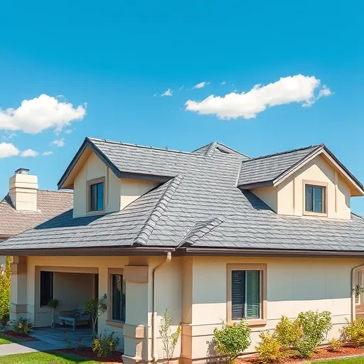 Completed roofing project in Newman CA featuring dark gray architectural shingles under a clear sky and vibrant landscaping.