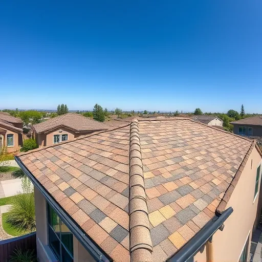 Modern asphalt shingle roof replacement in Lathrop CA with detailed textures, earthy tones, and a well-kept neighborhood background