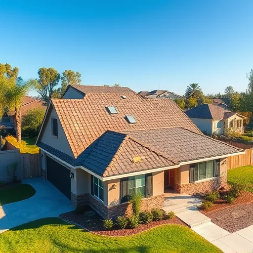 Newly replaced roof with detailed shingles on modern Valley Home house under clear blue sky with lush green lawns