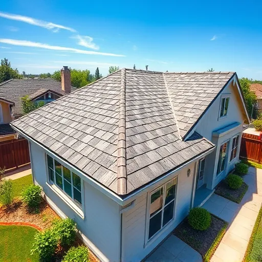 Freshly replaced roof with detailed shingles on a modern home in Manteca CA, with lush landscaping and clear sky