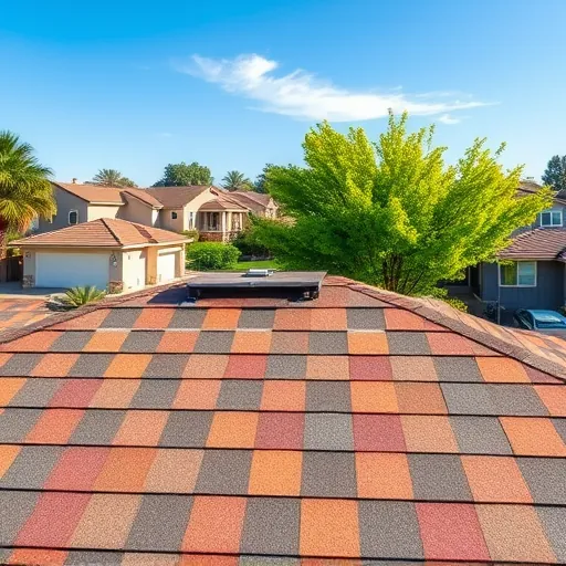 Completed roofing job in Keyes CA with vibrant shingles, clear sky, and charming suburban backdrop featuring green trees.