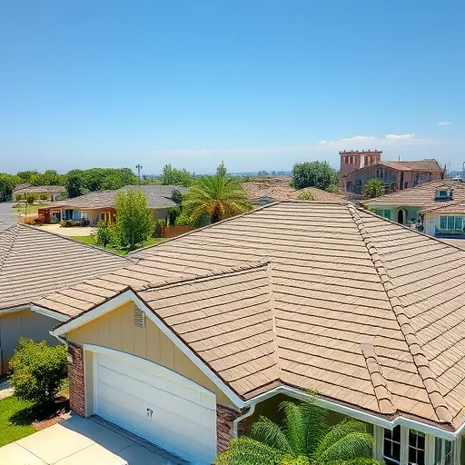 Close-up of a new textured shingle roof in Oakdale CA with a suburban neighborhood background under clear blue sky