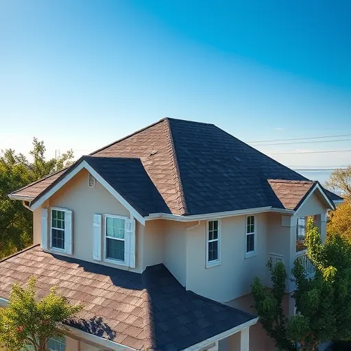 Close-up of a freshly replaced dark asphalt shingle roof on a well-maintained home with green trees and blue sky in Valley Home California