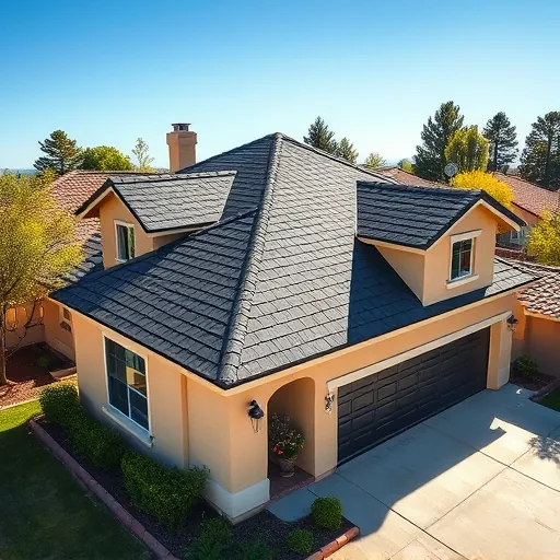 Completed roofing project in Farmington CA with charcoal asphalt shingles on a beige home and a clear blue sky.