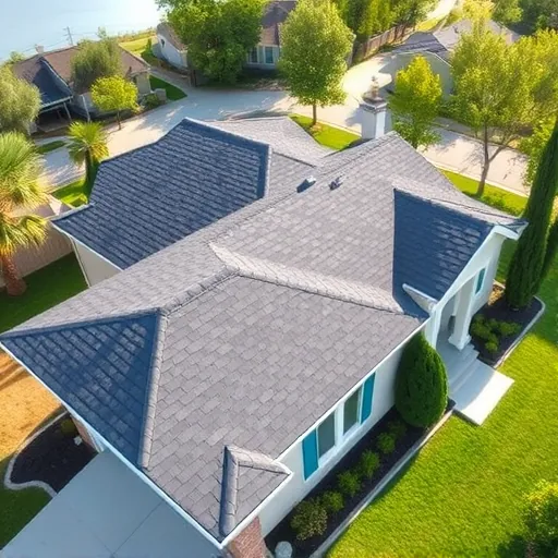 Freshly replaced dark gray and charcoal asphalt shingle roof on a modern home in French Camp California with landscaped yard and clear sky