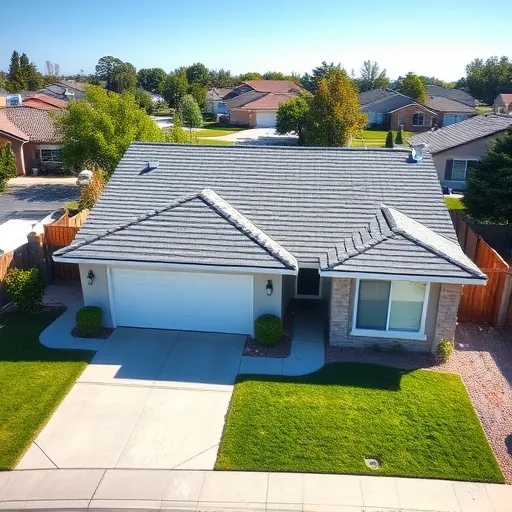 Newman CA suburban home with a newly replaced gray asphalt shingle roof and manicured front yard under clear blue sky