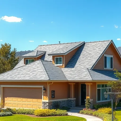 Freshly replaced gray asphalt shingle roof on modern Livingston CA home with lush greenery and clear sky background