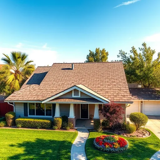 Freshly replaced asphalt shingle roof on a charming Riverbank CA home with lush landscaping and a bright blue sky