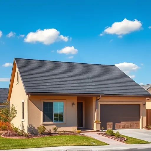 Completed roofing project in Ceres, CA with sleek dark shingles on a modern home against a bright blue sky.