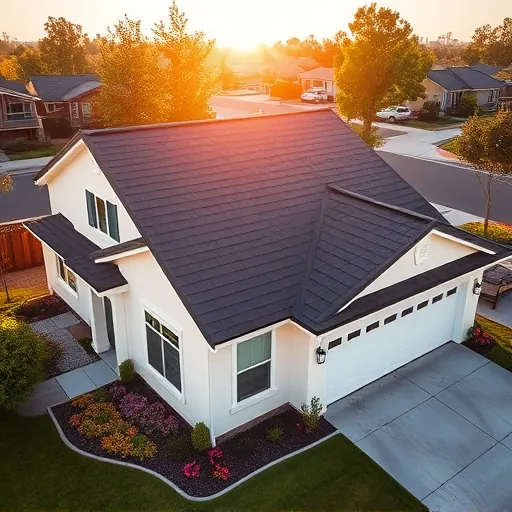 Completed roofing project in Farmington CA features dark shingles, modern home, lush landscaping, and inviting ambiance.