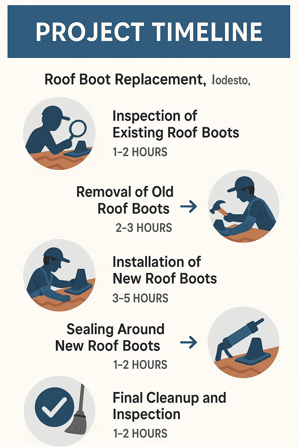 Infographic depicting a five-step timeline for roof boot replacement in Modesto CA with clear visual elements and minimal text