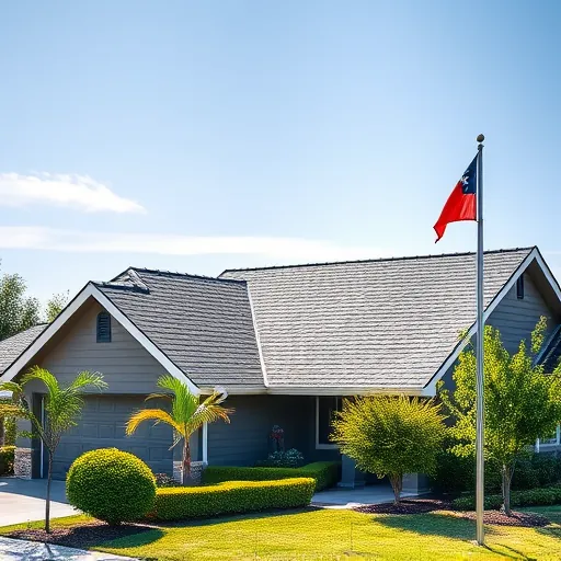 Completed roofing installation in Escalon CA featuring sleek gray shingles, lush landscaping, and a clear sunny sky.