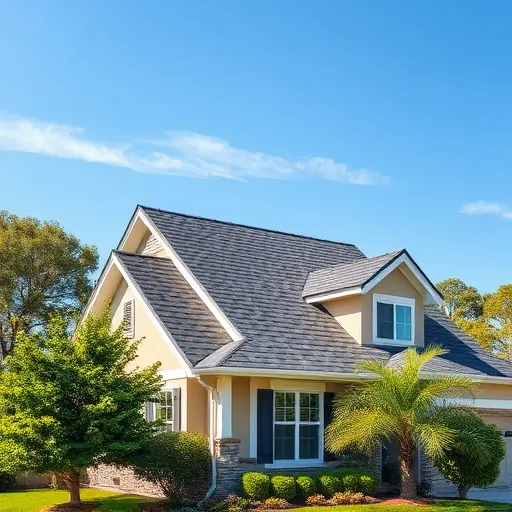 Modern roofing project in Delhi CA features deep slate gray shingles, white trim, lush greenery, and clear blue sky.