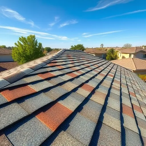Completed roofing project in Turlock CA showcasing aligned gray and brown shingles against a clear blue sky.